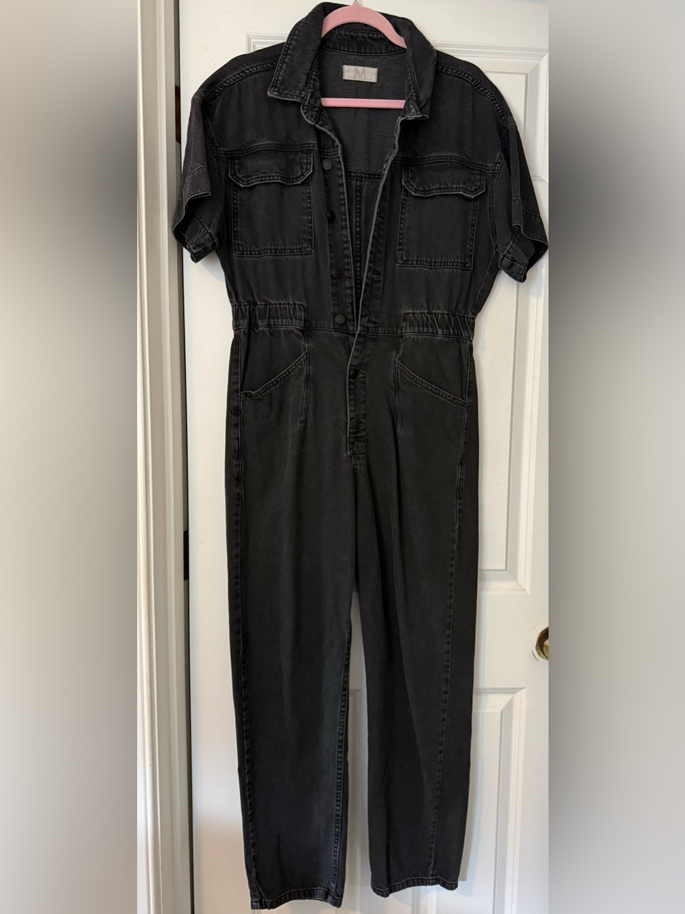 Free People Washed Black Short-Sleeve Denim Jumpsuit